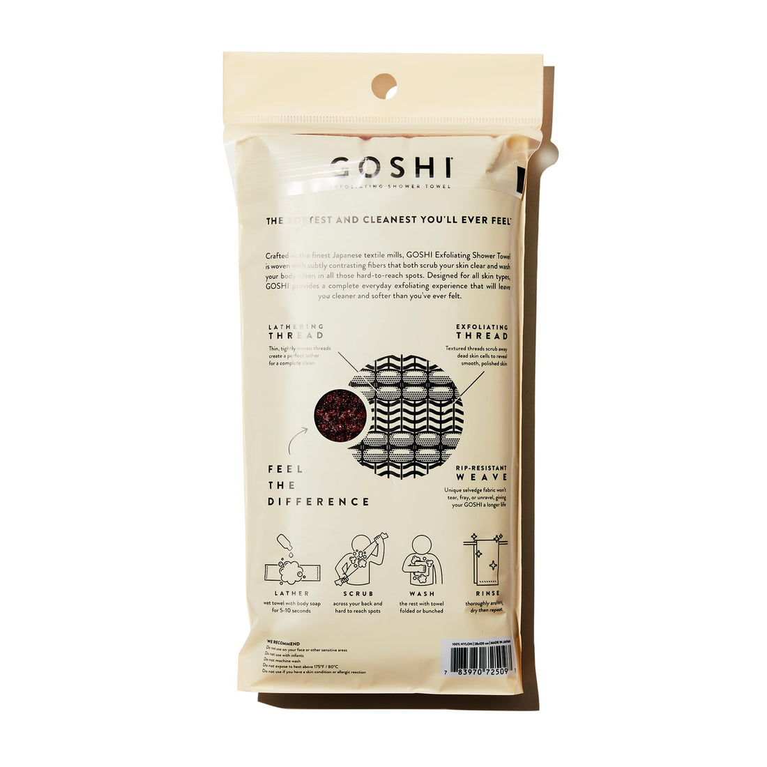GOSHI Exfoliating Shower Towel - Rip-Resistant Exfoliating Washcloth for All Skin Types - Brick Red - Made in Japan