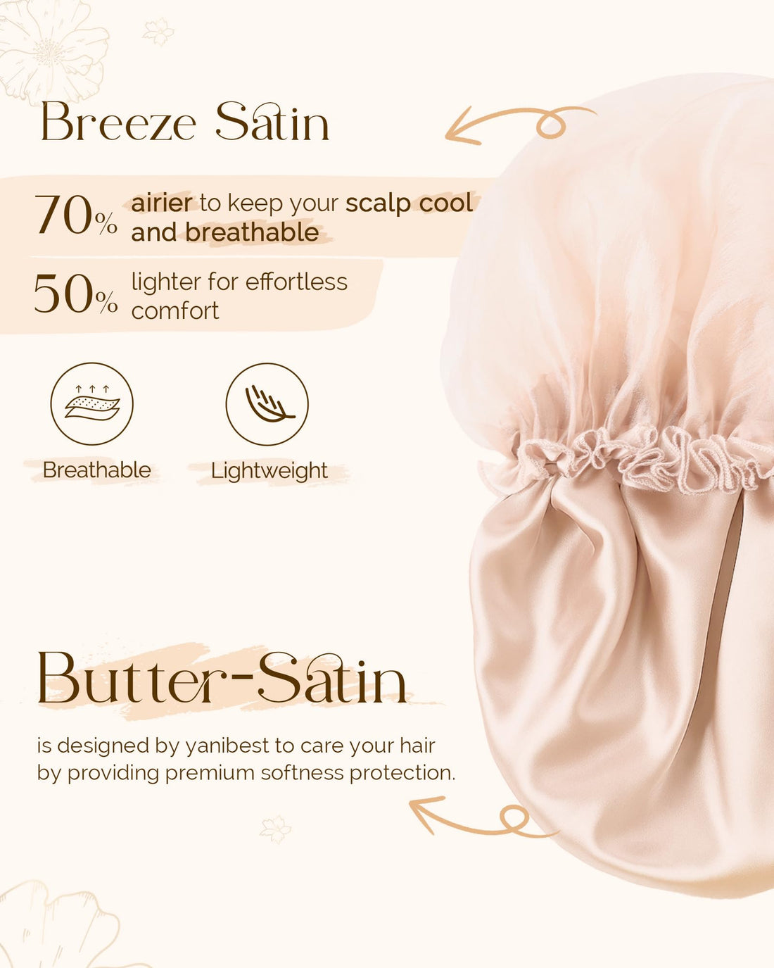 Yanibest Breathable Butter-satin Lined Bonnet, Silk Hair Bonnet for Sleeping Women, Night Cap for Curly Fine Straight Hair, Beige