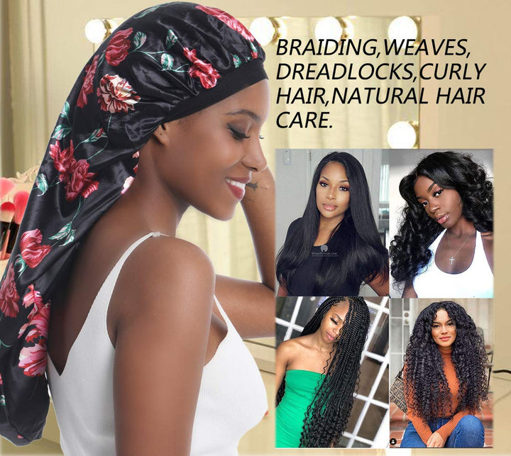 Extra Large Satin Bonnet for Curly Hair Silk Bonnet for Sleeping Cap Natural Frizzy Hair (Long, Long-A-Black-Rose Flower)