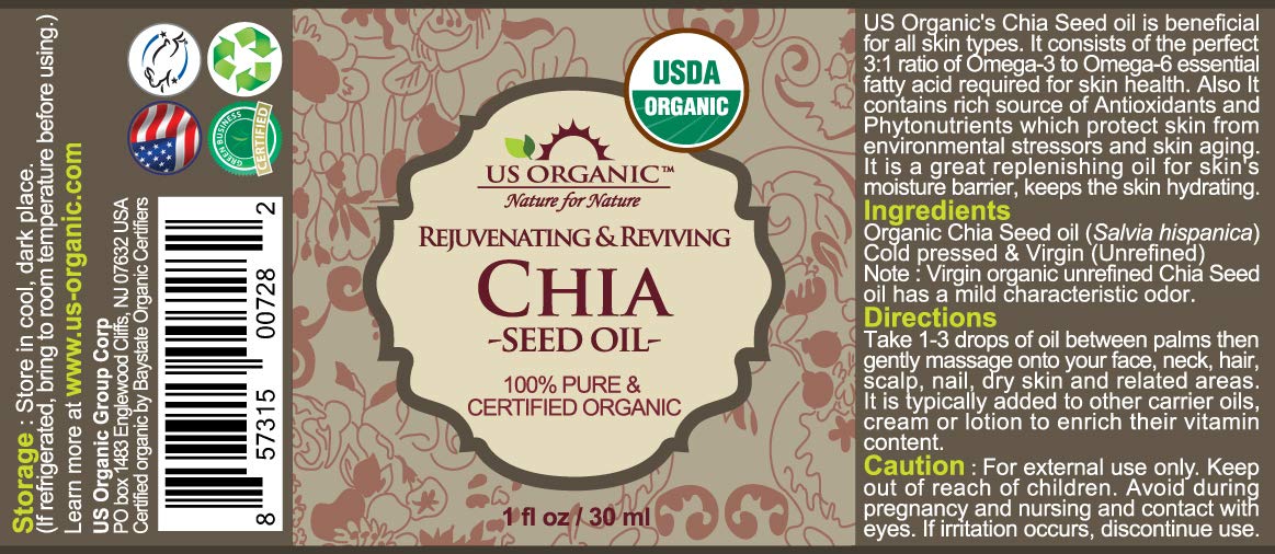US Organic Chia Seed Oil, USDA Certified Organic,100% Pure & Natural, Cold Pressed Virgin, Unrefined in Amber Glass Bottle w/Glass Eyedropper for Easy Application (1 oz (30 ml))