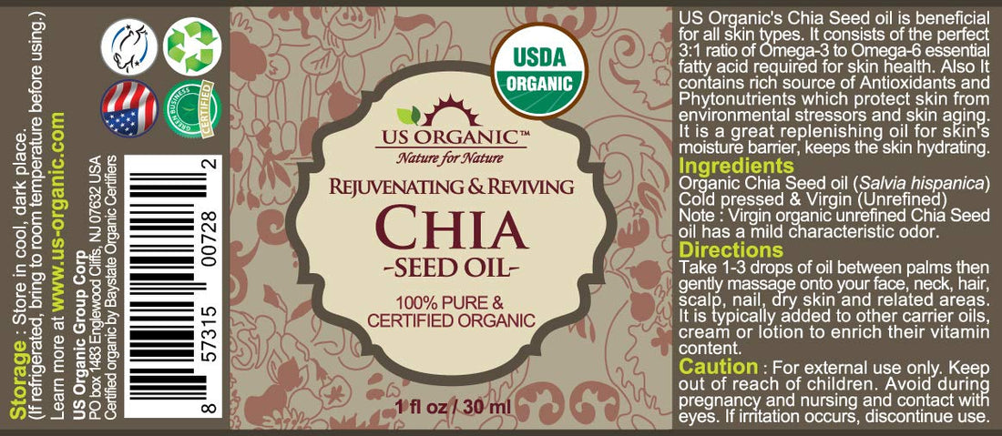 US Organic Chia Seed Oil, USDA Certified Organic,100% Pure & Natural, Cold Pressed Virgin, Unrefined in Amber Glass Bottle w/Glass Eyedropper for Easy Application (1 oz (30 ml))