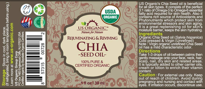 US Organic Chia Seed Oil, USDA Certified Organic,100% Pure & Natural, Cold Pressed Virgin, Unrefined in Amber Glass Bottle w/Glass Eyedropper for Easy Application (1 oz (30 ml))