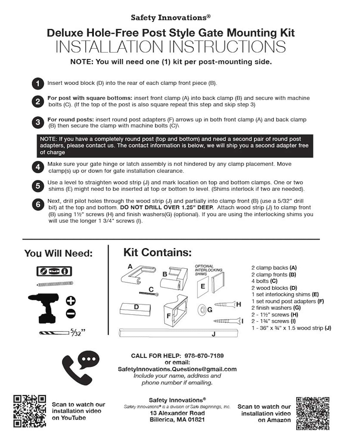 Safety Innovations No Hole Stairway Baby Gate Mounting Kit - Fits Posts from 2 3/4 inches to 3 1/2 inches Wide with Square or Round Tops - No Adhesives On Or Screws in Your Posts, (1-Pack)