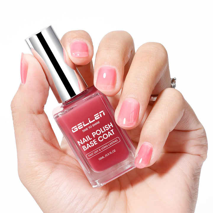 Gellen 4-in-1 Clear Nail Polish Base Coat Sheer Tinted Red, Ridge Filler, Nail Strengthener & Concealer, Calcium Formula Strengthens Nails, Natural Color Enhances Natural Look, No HEMA, Anti-yellowing