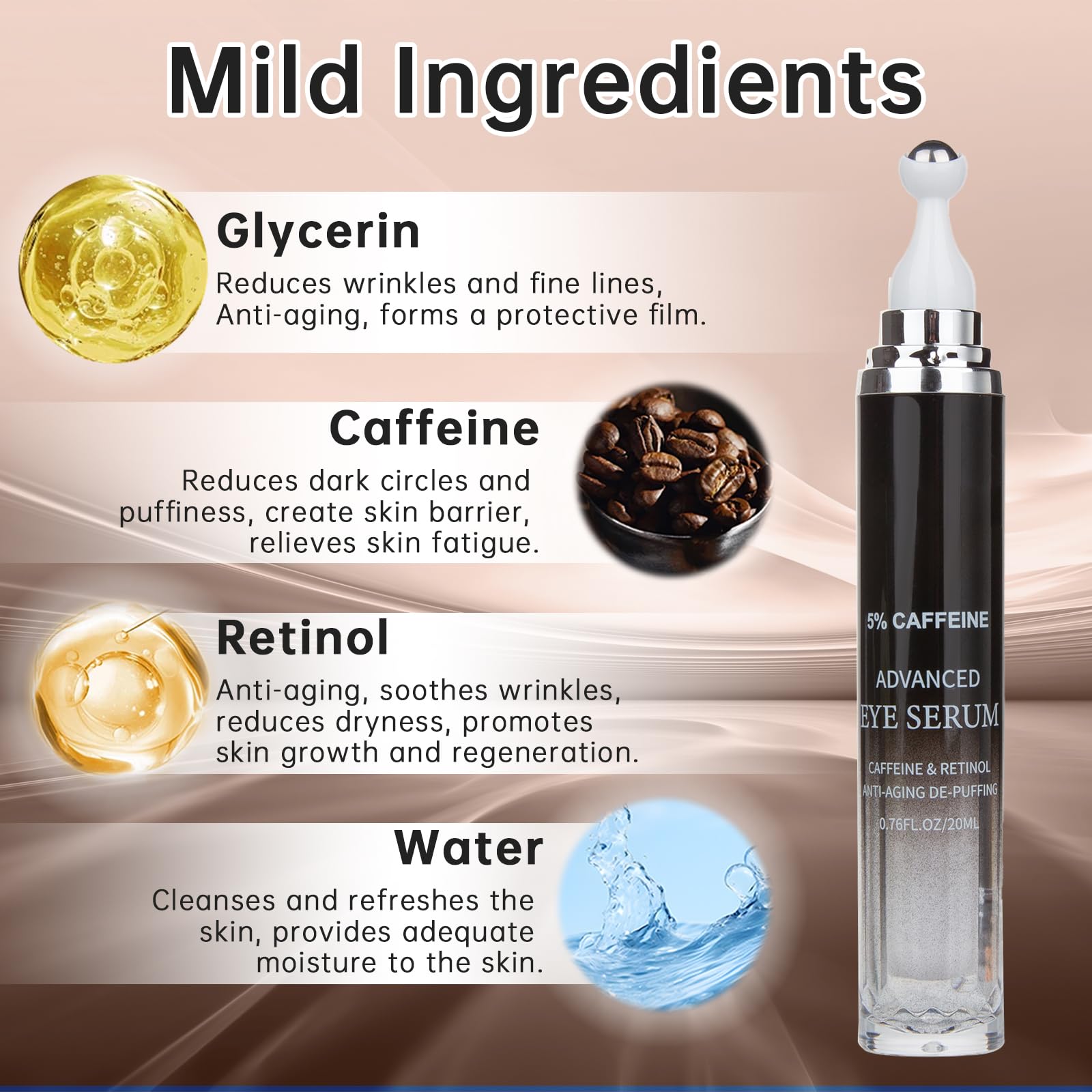 Caffeine Eye Cream for Puffiness & Dark Circles, Under Eye Cream for Puffy Eyes, Eye Bags & Wrinkles, 1 PCS Anti Aging Eye Serum with Under Eye Roller, Reduces Fine Lines & Moisturize Skin.