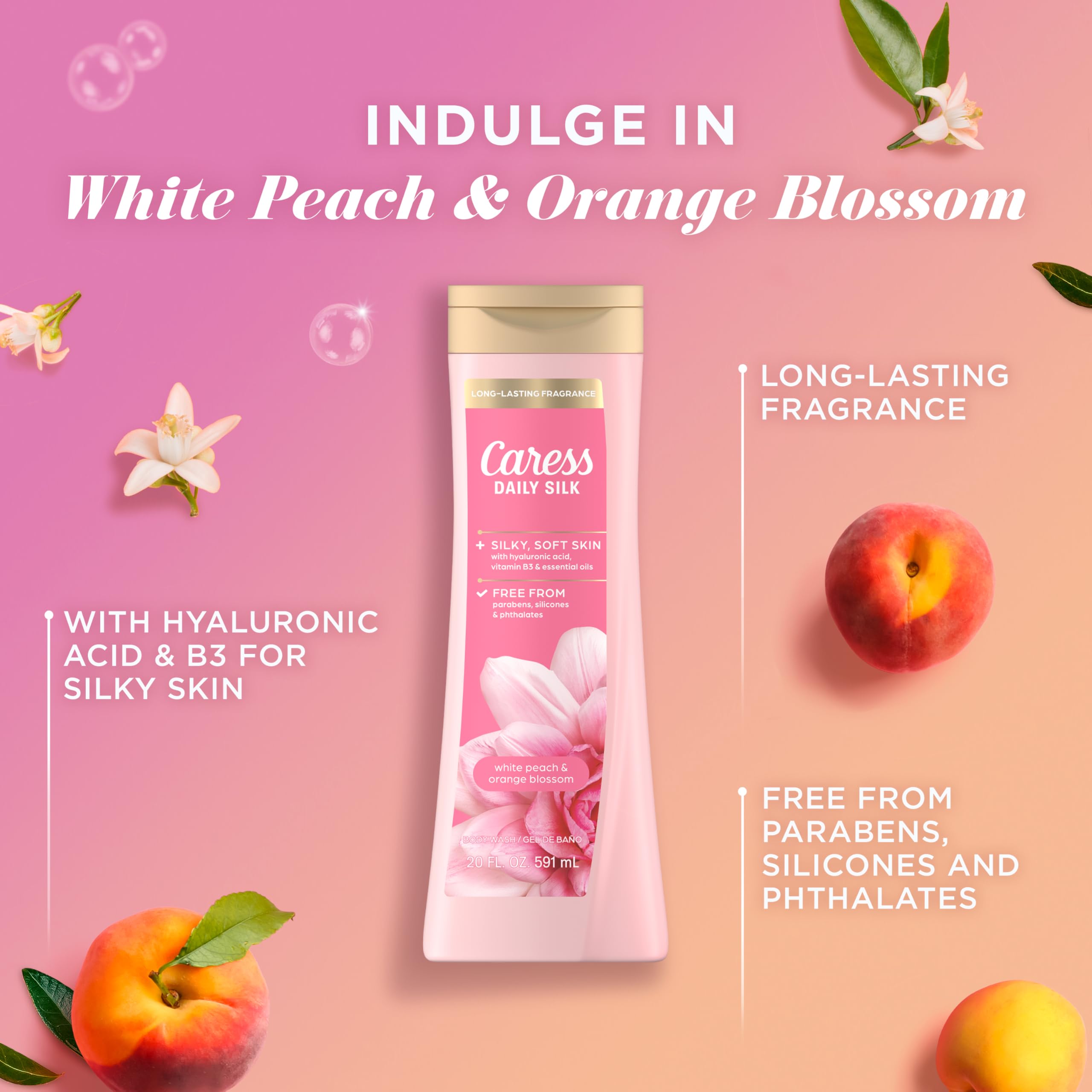 Caress Body Wash for Women, Daily Silk White Peach & Orange Blossom, Shower Gel Body Wash Moisturizing for Noticeably Silky, Soft Skin, 20 fl oz, 4 Pack