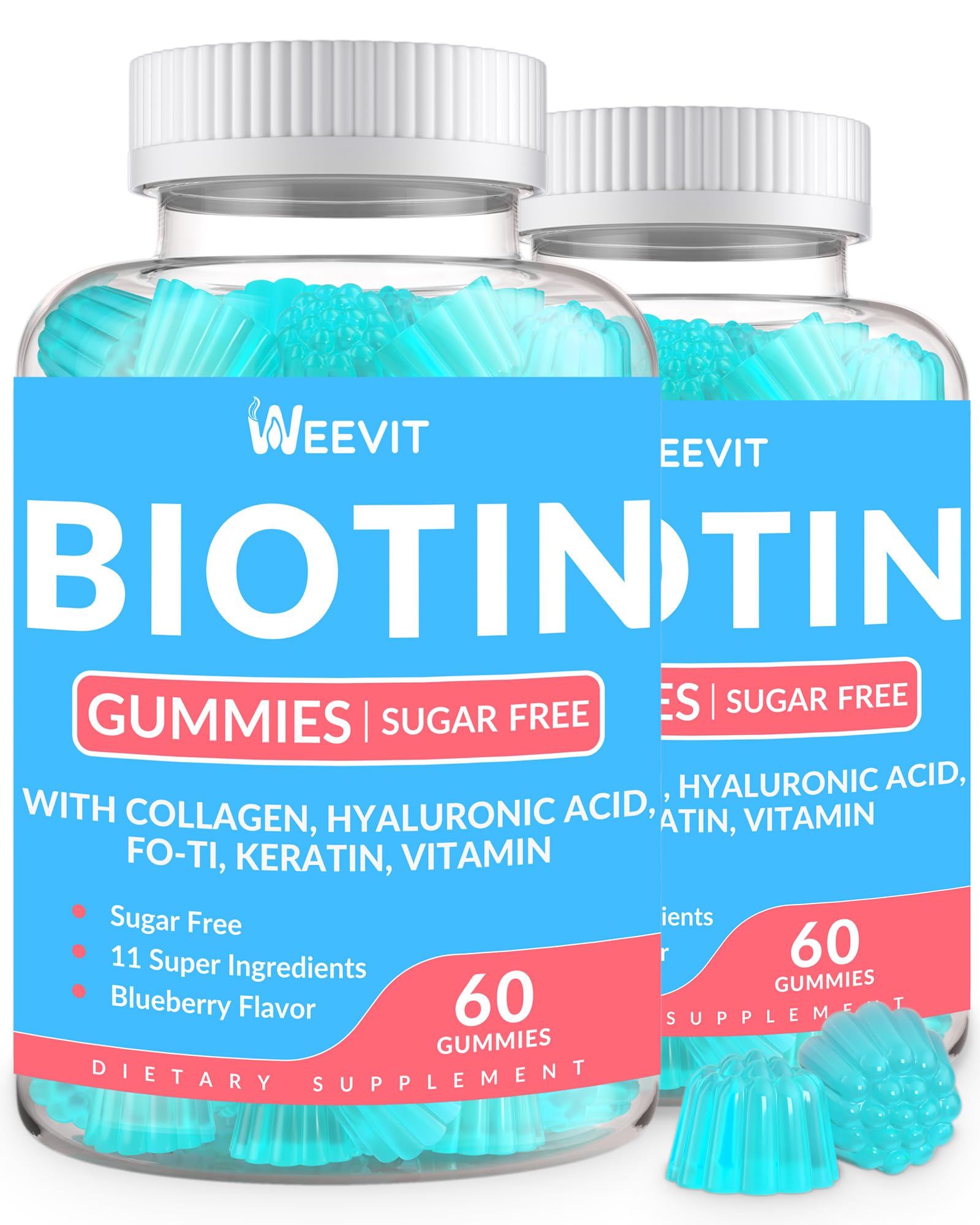WEEVIT Sugar-Free Biotin Gummies, Biotin and Collagen Gummies with Keratin, Hyaluronic Acid for Hair Growth, Vitamin B7 Supplement Biotin Chewables for Women Men