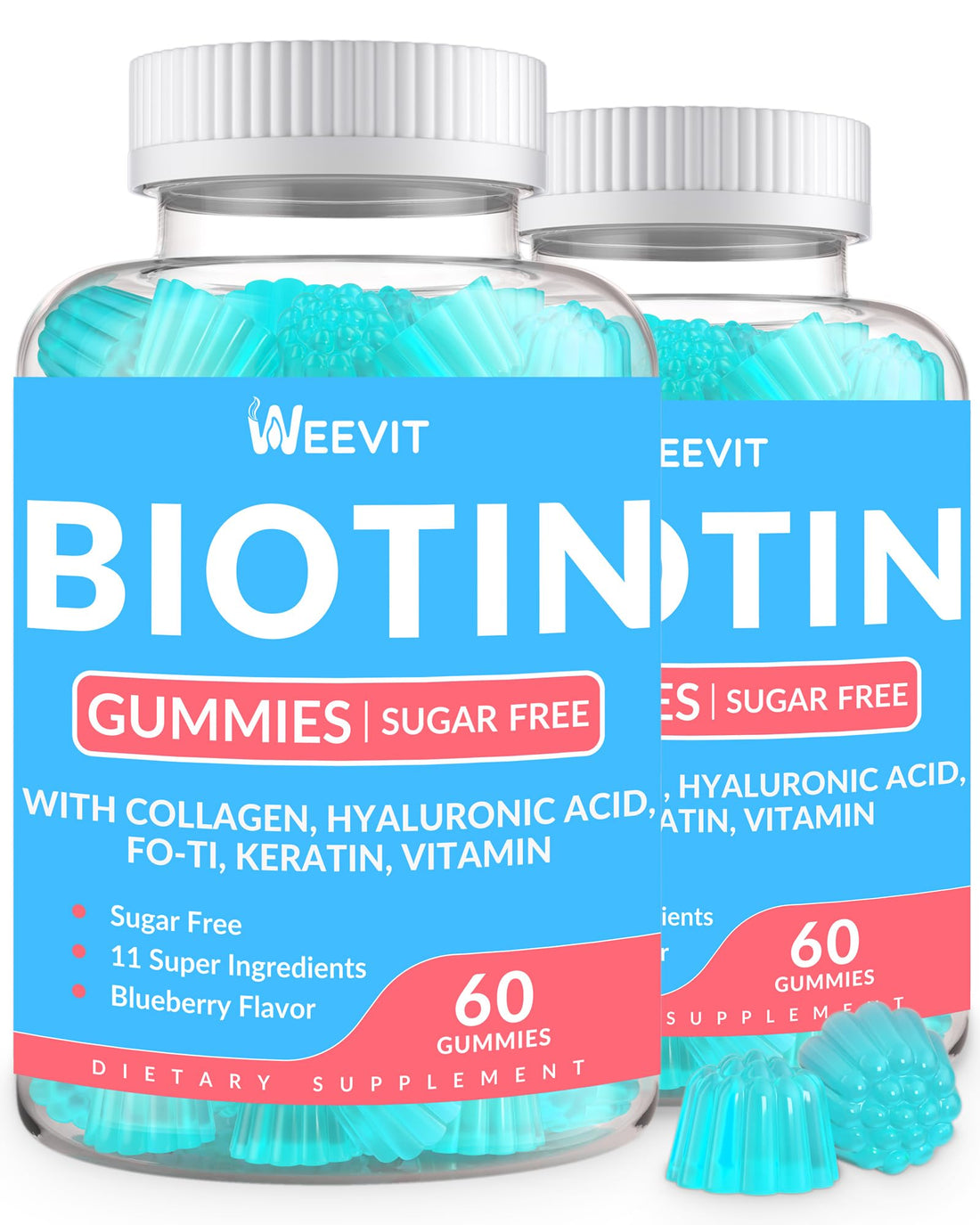 WEEVIT Sugar-Free Biotin Gummies, Biotin and Collagen Gummies with Keratin, Hyaluronic Acid for Hair Growth, Vitamin B7 Supplement Biotin Chewables for Women Men