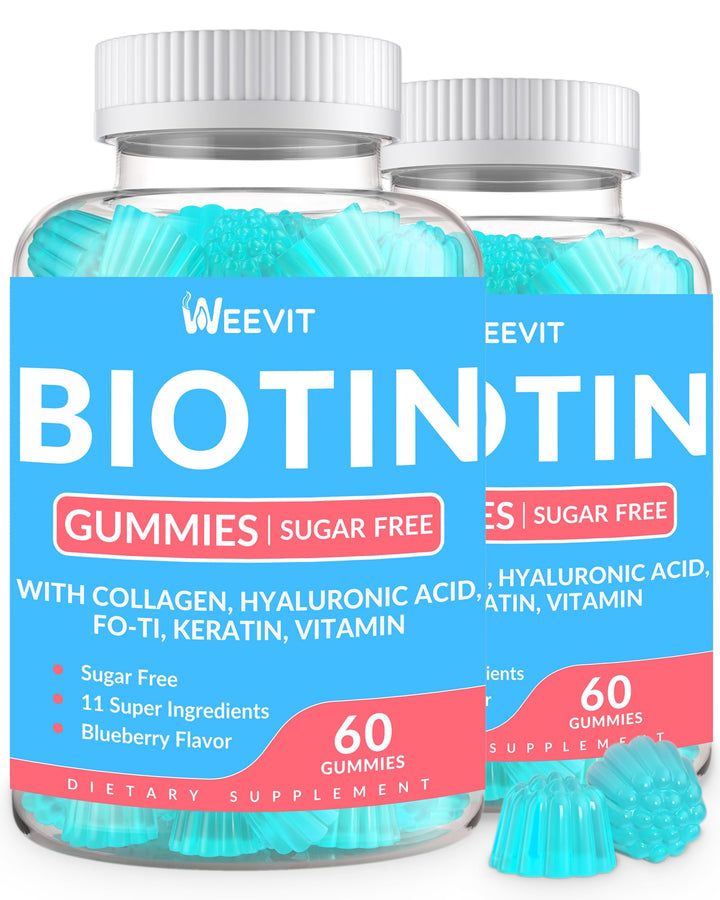 WEEVIT Sugar-Free Biotin Gummies, Biotin and Collagen Gummies with Keratin, Hyaluronic Acid for Hair Growth, Vitamin B7 Supplement Biotin Chewables for Women Men