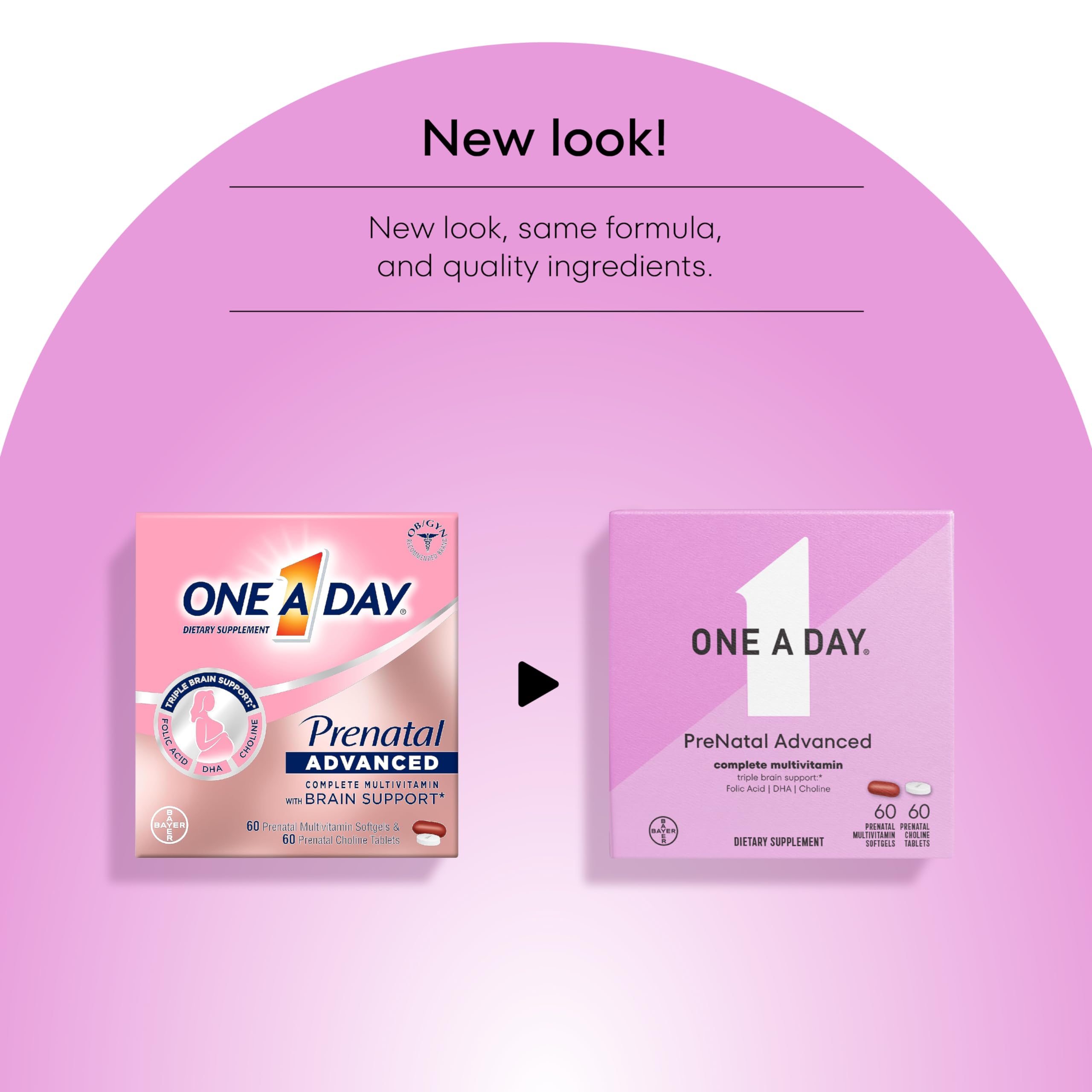 ONE A DAY Women’s Prenatal Advanced Complete Multivitamin with Brain Support* with Choline, Folic Acid, Omega-3 DHA & Iron for Pre, During & Post Pregnancy, 60+60 Ct (120 Total) (Packaging May Vary)