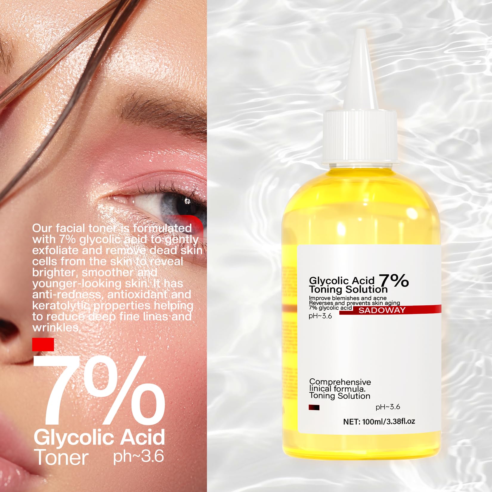 SADOWAY Glycolic Acid Toning Solution: 100ML 7% Glycolic Acid Toner for Skin Refreshment Suitable for Adults to Use at Home