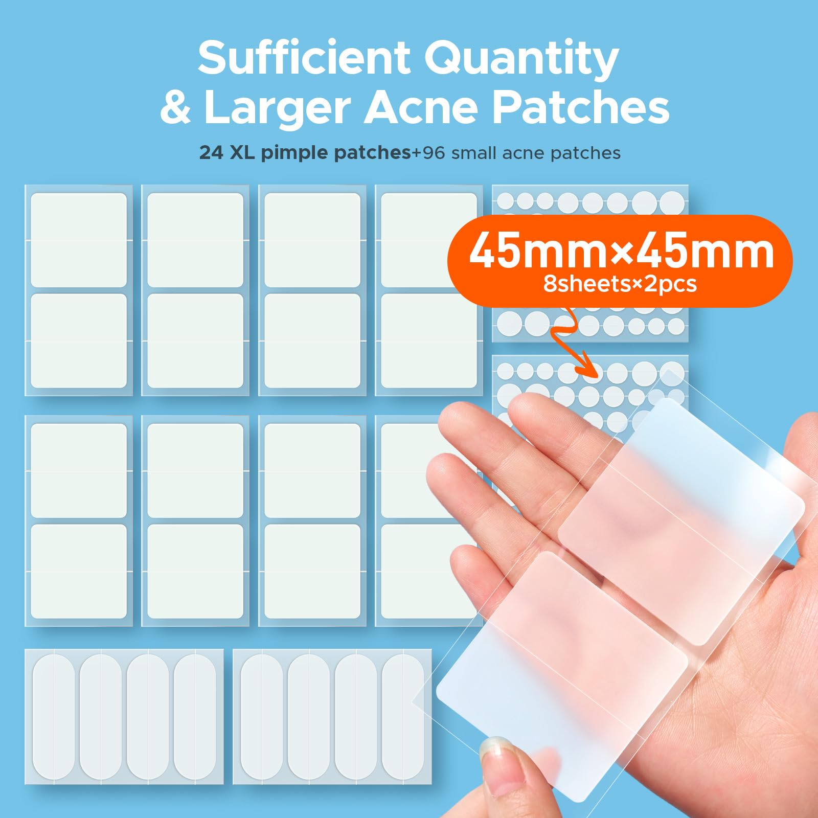 TKTK Hydrocolloid Bandages, 45 x 45 mm Large Pimple Patches for Face, XL Acne Patches for Body, Back, Forehead, Cheek Zit Breakouts, Big Hydrocolloid Patch (Square, Strip, Dot 5 Sizes 120 Count)