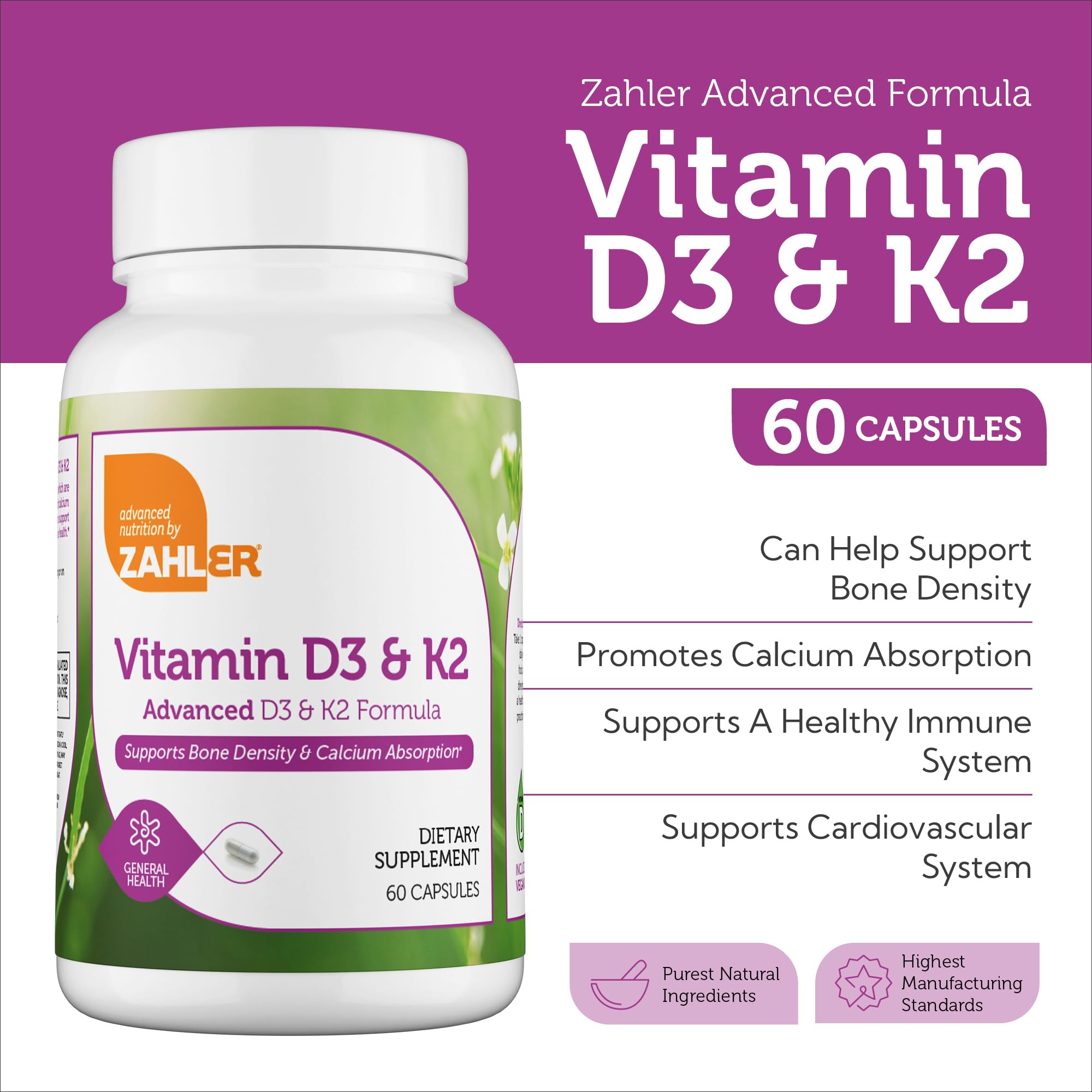Zahler Vitamin D3 5000 IU K2 - Advanced Vitamin D3 K2 Formula - Bone Density & Calcium Absorption - Kosher Vegetarian MK7 Vitamin K2 D3 Vitamin Supplement - VIT D3 K2, Vitamin D K2 (60 Capsules)