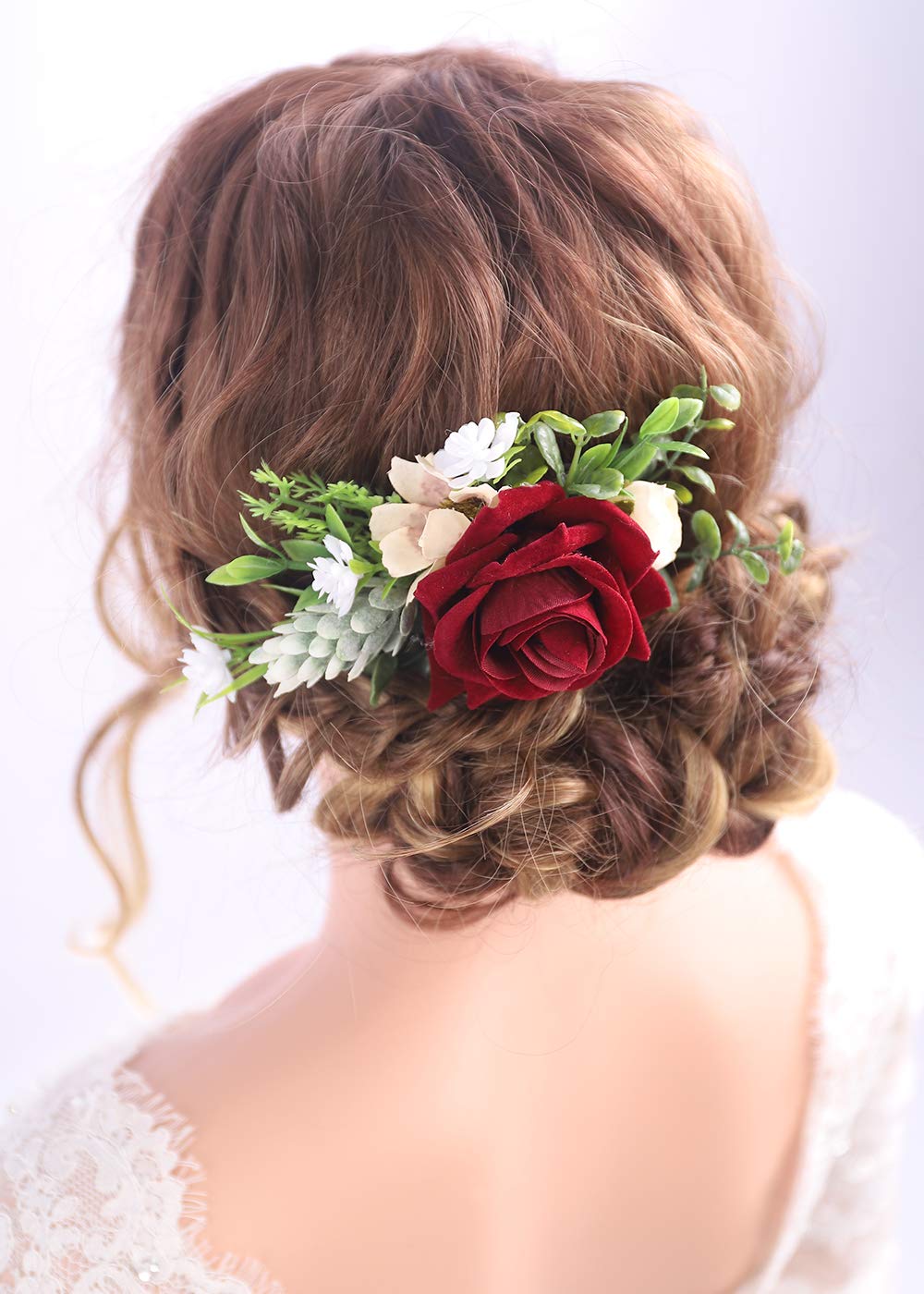 Kercisbeauty Red Floral Hair Clip Burgundy Wedding Hair Comb Headband for Brides Garden Wedding Bridal Bridesmaide Headpiece Flower Girl Hair Dress