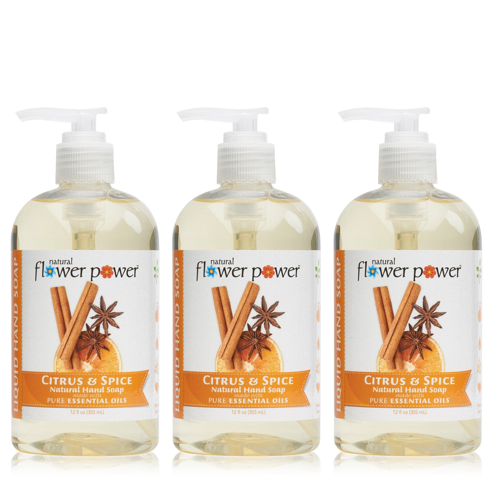 Natural Flower Power Moisturizing Liquid Hand Soap – Citrus & Spice – Plant-Based + Aloe Vera – Scented w/ Essential Oils – Natural Hand Wash Kitchen + Bathroom – 12 Fl Oz Pump Bottles (Pack of 3)