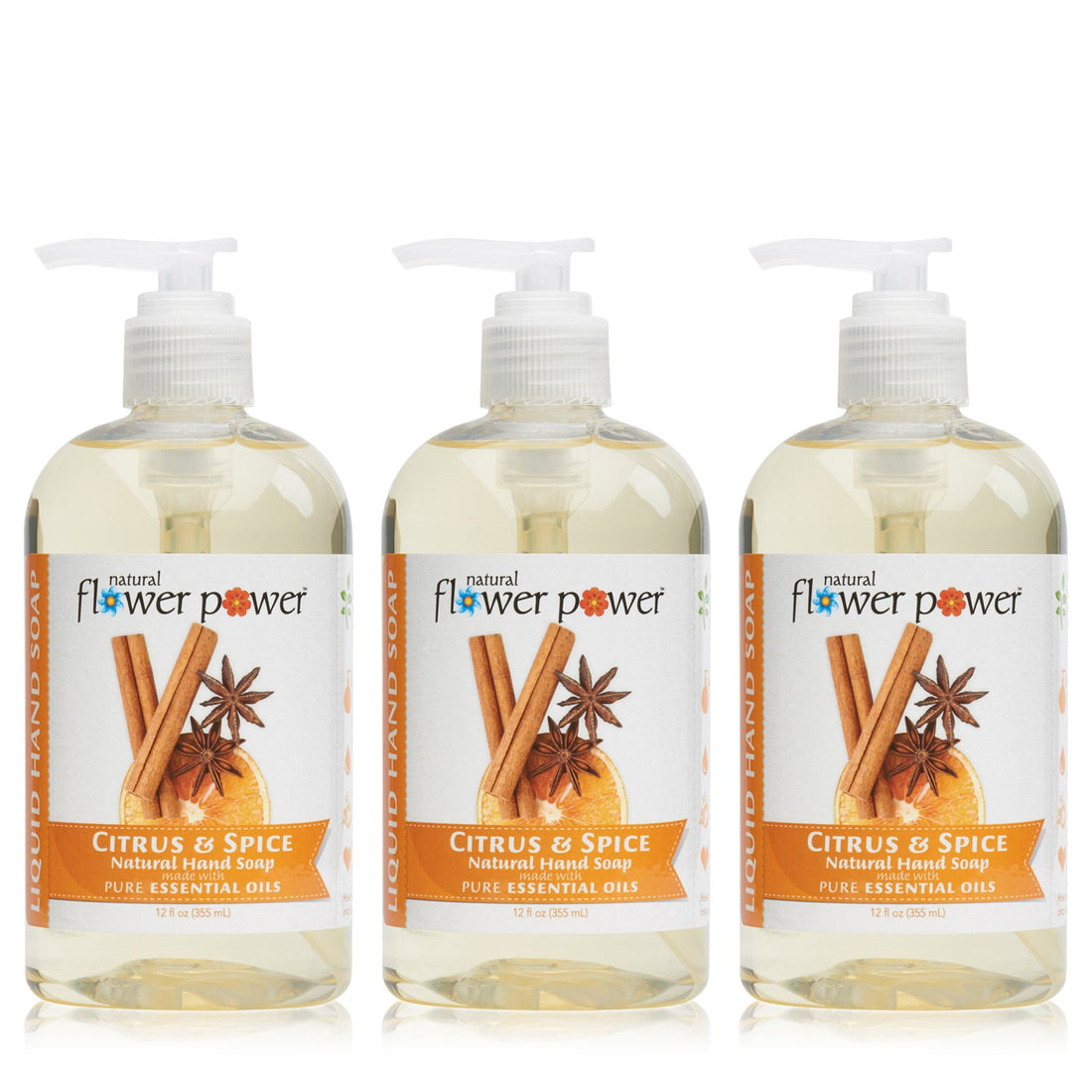 Natural Flower Power Moisturizing Liquid Hand Soap – Citrus & Spice – Plant-Based + Aloe Vera – Scented w/ Essential Oils – Natural Hand Wash Kitchen + Bathroom – 12 Fl Oz Pump Bottles (Pack of 3)