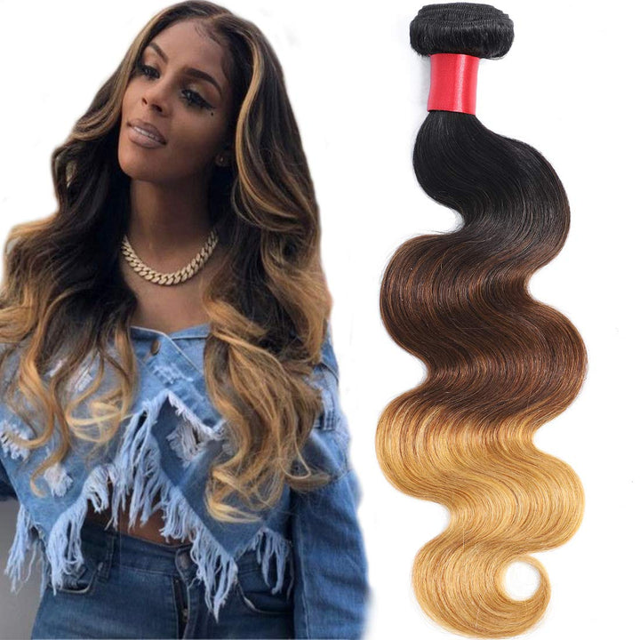 AUTTO Hair Brazilian Virgin Ombre Hair Body Wave 14Inch One Bundle Virgin Human Hair Extension Weave Three Tone 1B/4/27 Color (100+/-5g)/pc (1B/4/27,14)