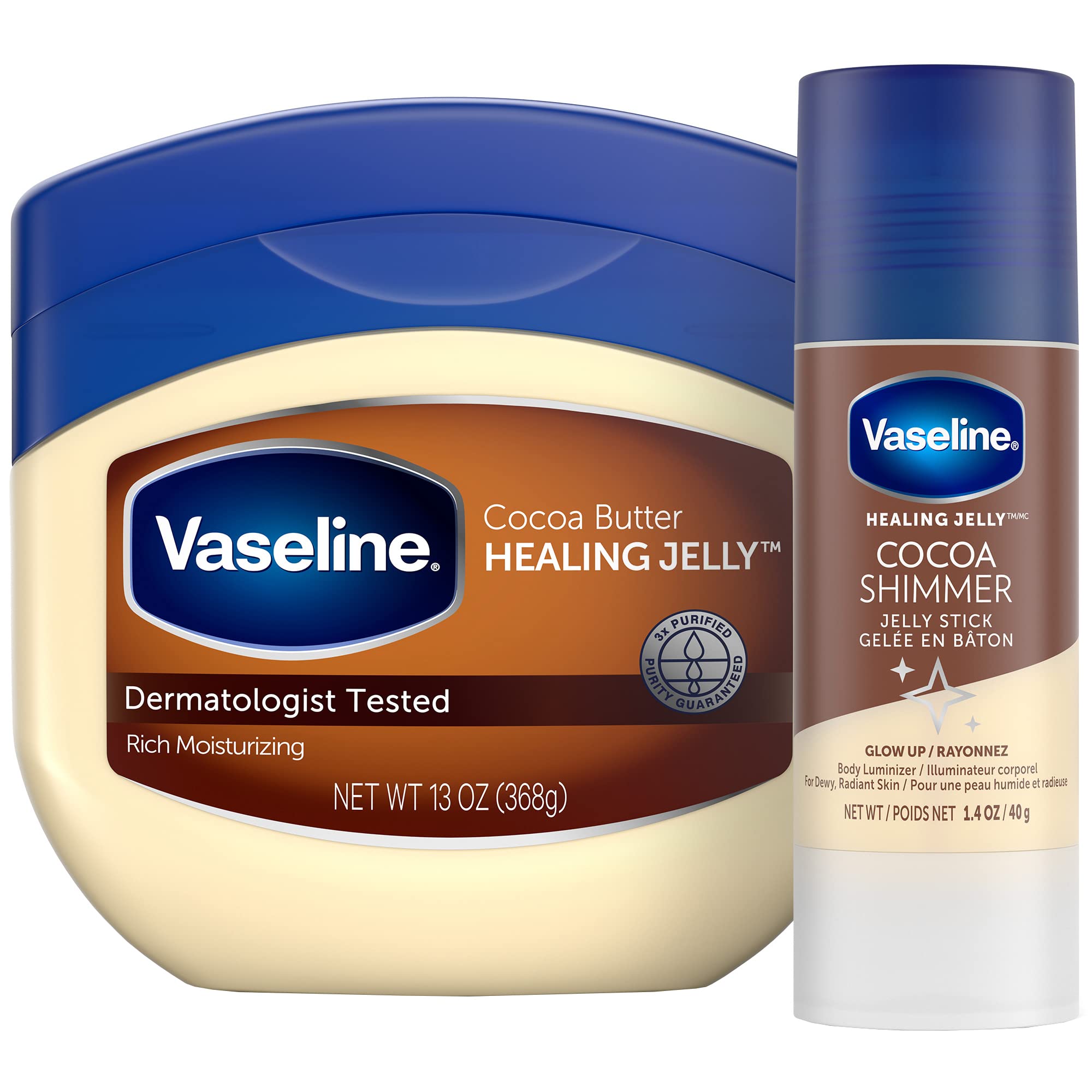 Vaseline Rich Moisturizing Healing Jelly Cocoa Butter, 13 oz Bundled with Cocoa Shimmer Stick, 1.4 oz. Provides Radiant and Shimmering Moisturized Skin with Pleasant Scent