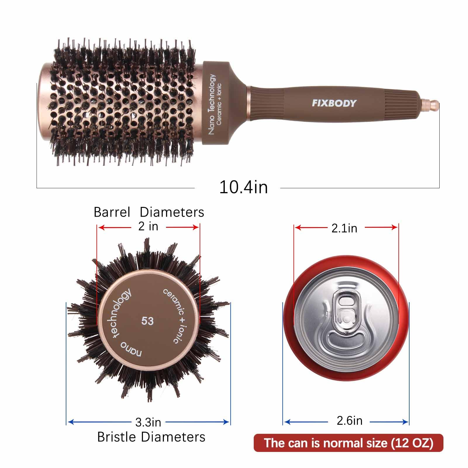 FIXBODY Hair Brush, Round Brush for Blow Drying, Curling, Styling, Nano Thermal Ceramic & Ionic Tech, Boar Bristle, 3.3 inch, 2 inch Barrel, for Women, Volume & Shine, Brown, Hair Brush for Thick Hair