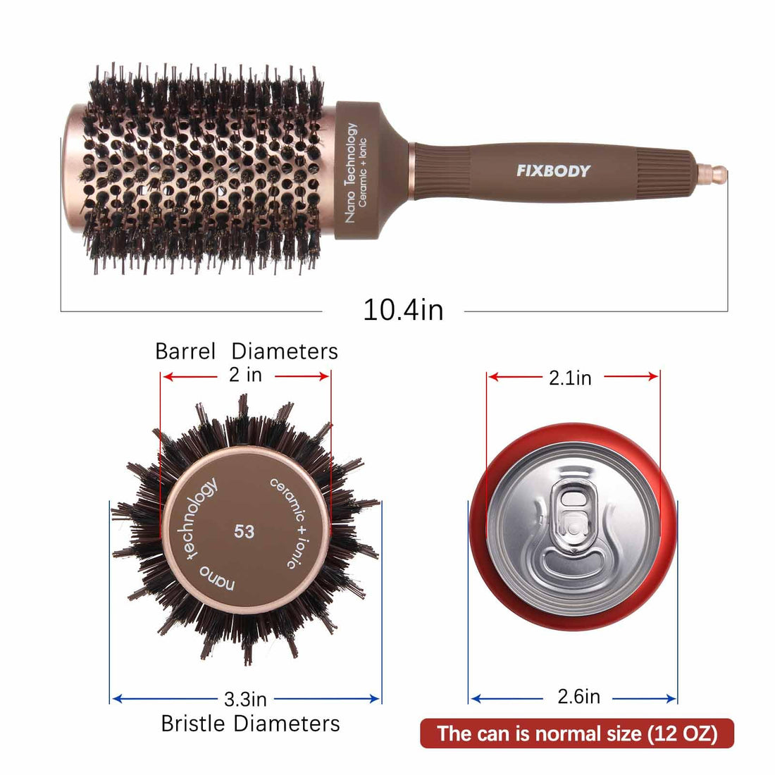 FIXBODY Hair Brush, Round Brush for Blow Drying, Curling, Styling, Nano Thermal Ceramic & Ionic Tech, Boar Bristle, 3.3 inch, 2 inch Barrel, for Women, Volume & Shine, Brown, Hair Brush for Thick Hair
