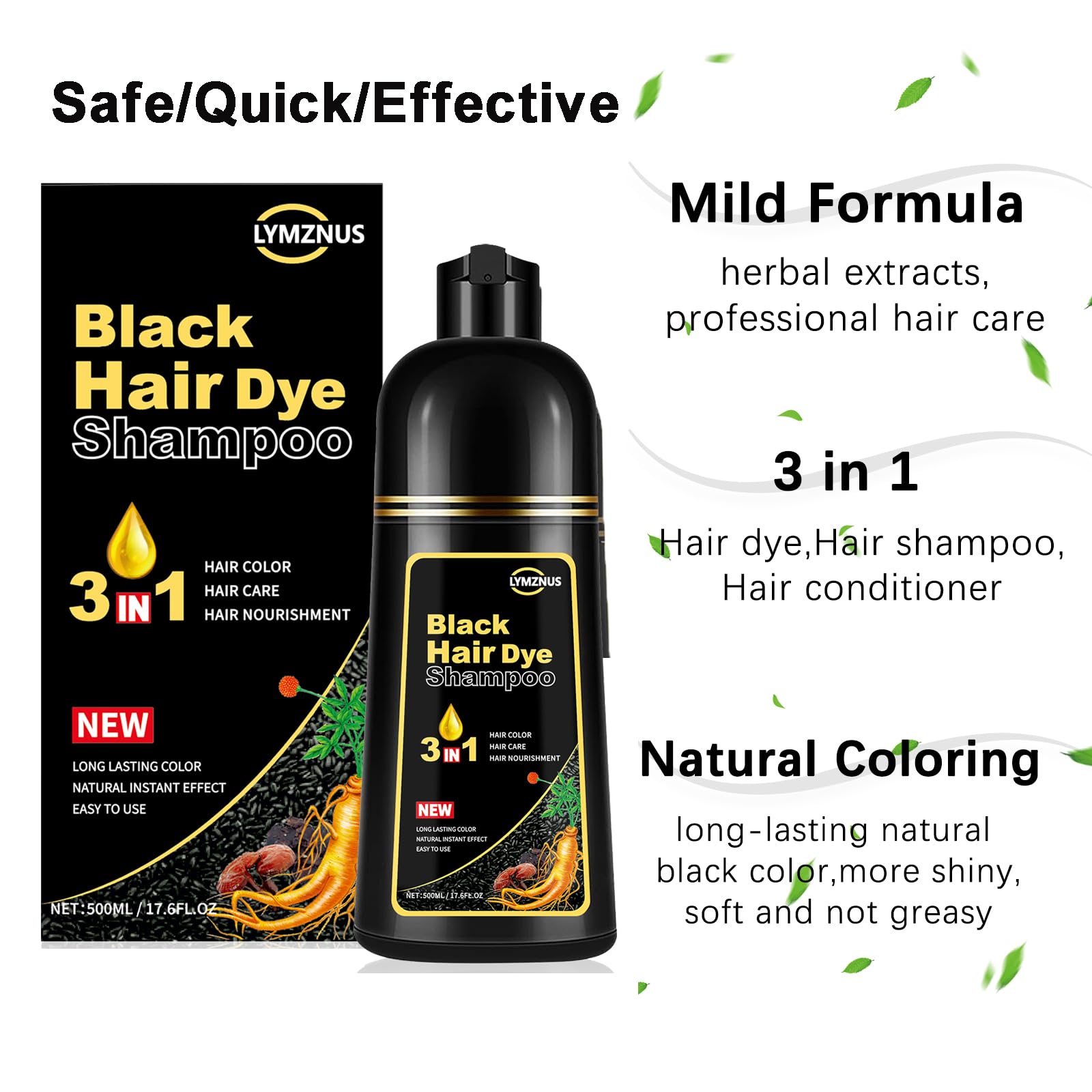 lymznus Herbal Black Hair Dye 3 in 1 - Black Hair Dye Shampoo for Gray Hair, Instant Black Hair Shampoo for Women & Men, 100% Grey Coverage, Black Hair Color Shampoo 500ML