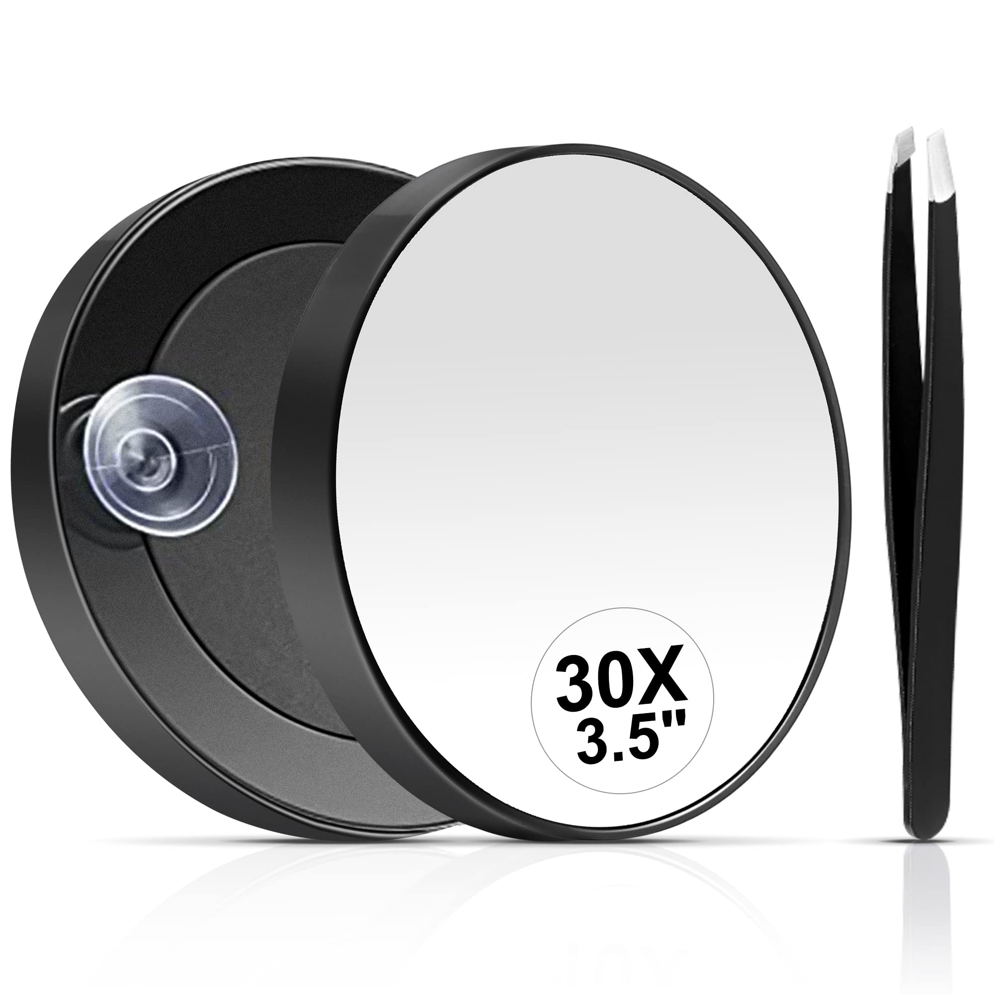 MIYADIVA 30X Magnifying Mirror, Small Magnifying Mirror with Suction Cup and Tweezers, As a Travel Makeup Mirror, Compact Mirror Set for Plucking Eyebrows 3.5 Inches
