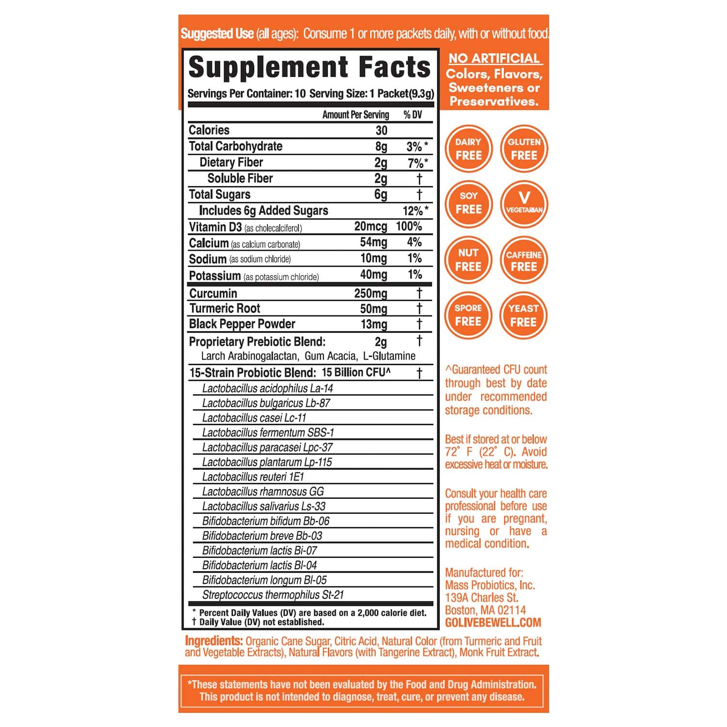 GoLive Prebiotic and Probiotic for Women, Men, Kids. Tangerine Turmeric Synbiotic Powder w/ L-Glutamine, Vitamin D3, Electrolytes. For Gut Health, Digestion, Metabolism, Immunity 15-50B CFUs.