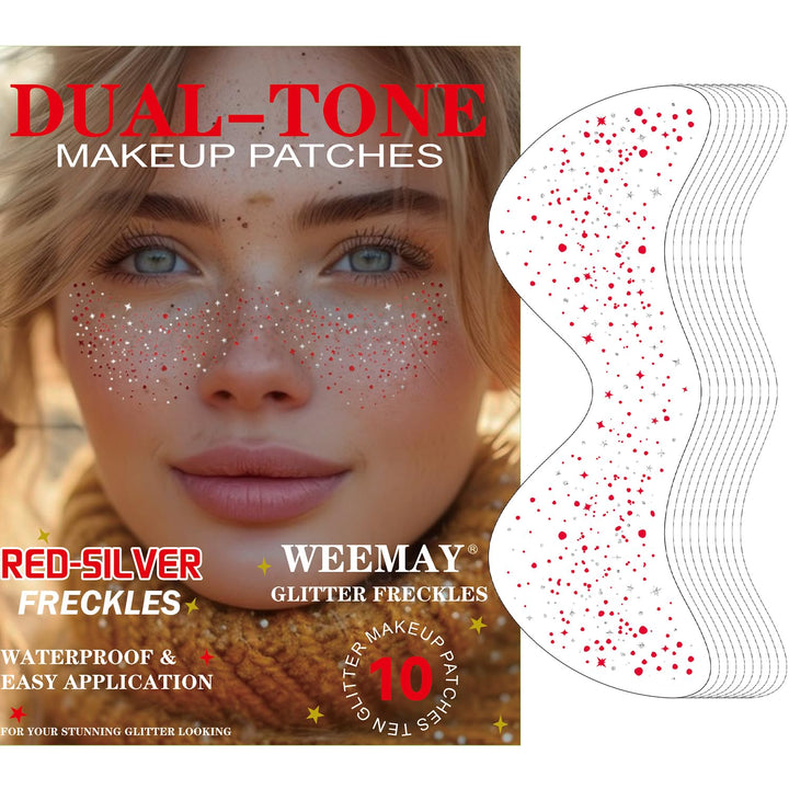 10 Pcs Red-Silver Dual-Tone Glitter Freckles, Double Colors Face Tattoo, Waterproof Face Sparkle, Long-Lasting 48h Special for Christmas