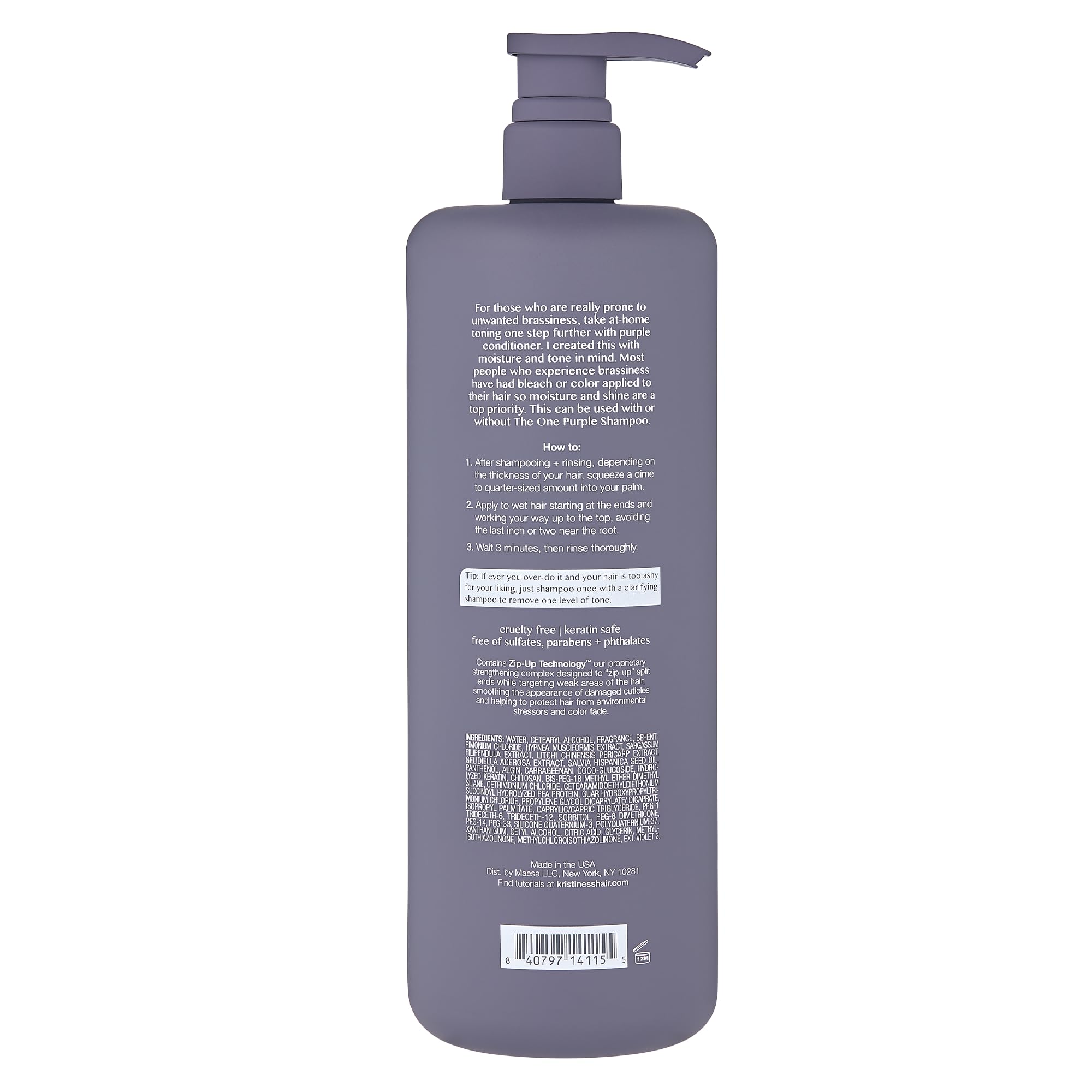 Kristin Ess Hair The One Purple Conditioner - Toning for Blonde Hair, Neutralizes Brass + Yellow Tones, Moisturizing Conditioner, Keratin Safe, 33.8 fl oz