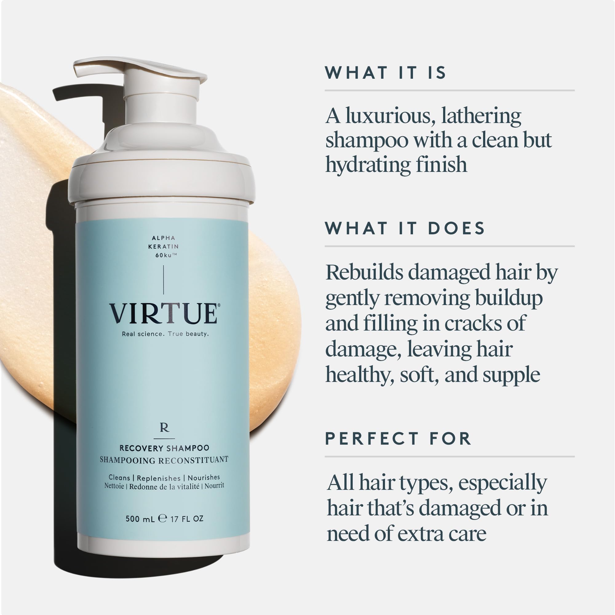 Virtue Recovery Sulfate Free Shampoo with Keratin and Baobab Seed Oil for Damaged Hair, Color Safe