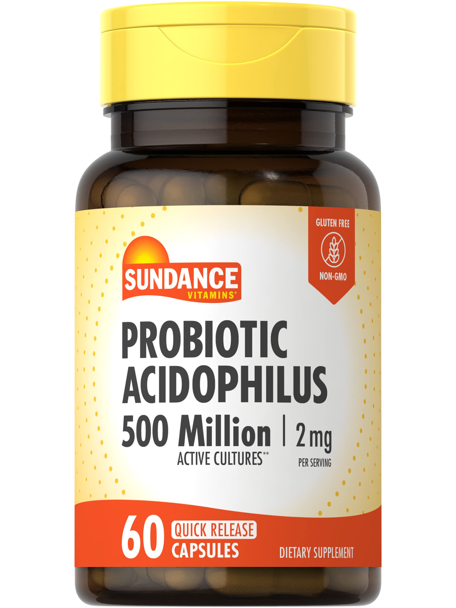 Probiotic Acidphilus 2mg | 60 Quick Release Capsules | 500 Million Active Cultures | Non-GMO, Gluten Free Supplement | By Sundance