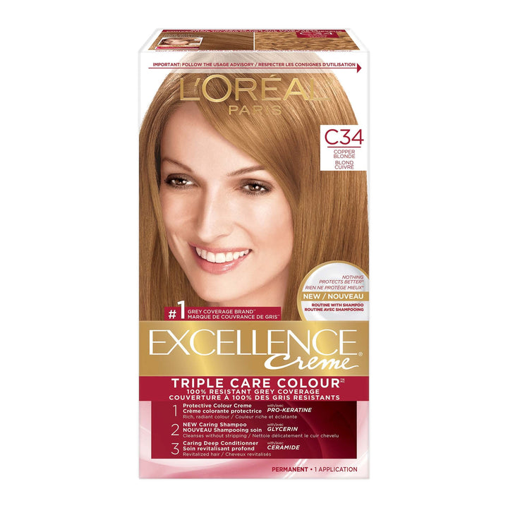 L’Oréal Paris Excellence Crème Permanent Hair Color, C34 Copper Blonde, 100% Grey Coverage, Hair Dye, 1 EA (Packaging May Vary)