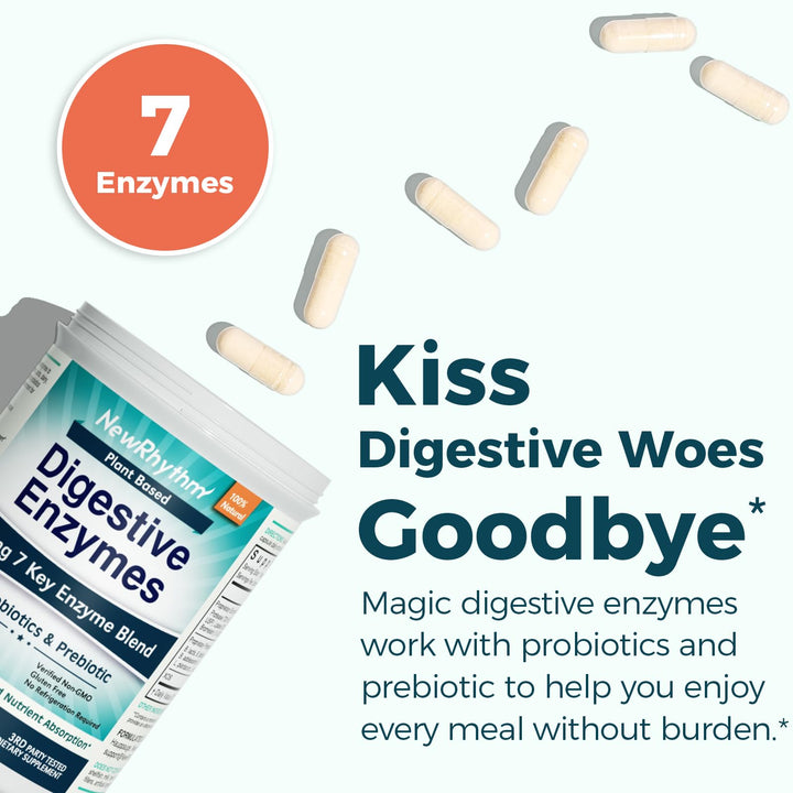 NewRhythm Digestive Enzymes 245 mg, with Probiotics and Prebiotics, Plant Based, 7 Key Enzymes, Digestion, Nutrient Absorption, Protease Amylase & Lipase, 60 Vegan Capsules