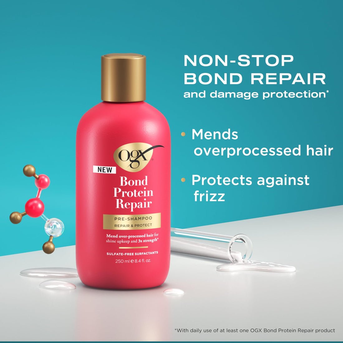 OGX Repair & Protect Bond Protein Repair Pre-Shampoo, Pre-Shampoo Hair Treatment Helps Mend Over-Processed Hair for Shine & Stronger Hair*, Sulfate-Free Surfactants, 8.4 fl. oz
