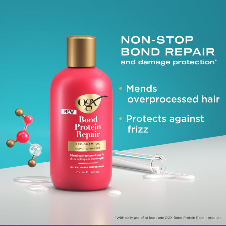 OGX Repair & Protect Bond Protein Repair Pre-Shampoo, Pre-Shampoo Hair Treatment Helps Mend Over-Processed Hair for Shine & Stronger Hair*, Sulfate-Free Surfactants, 8.4 fl. oz