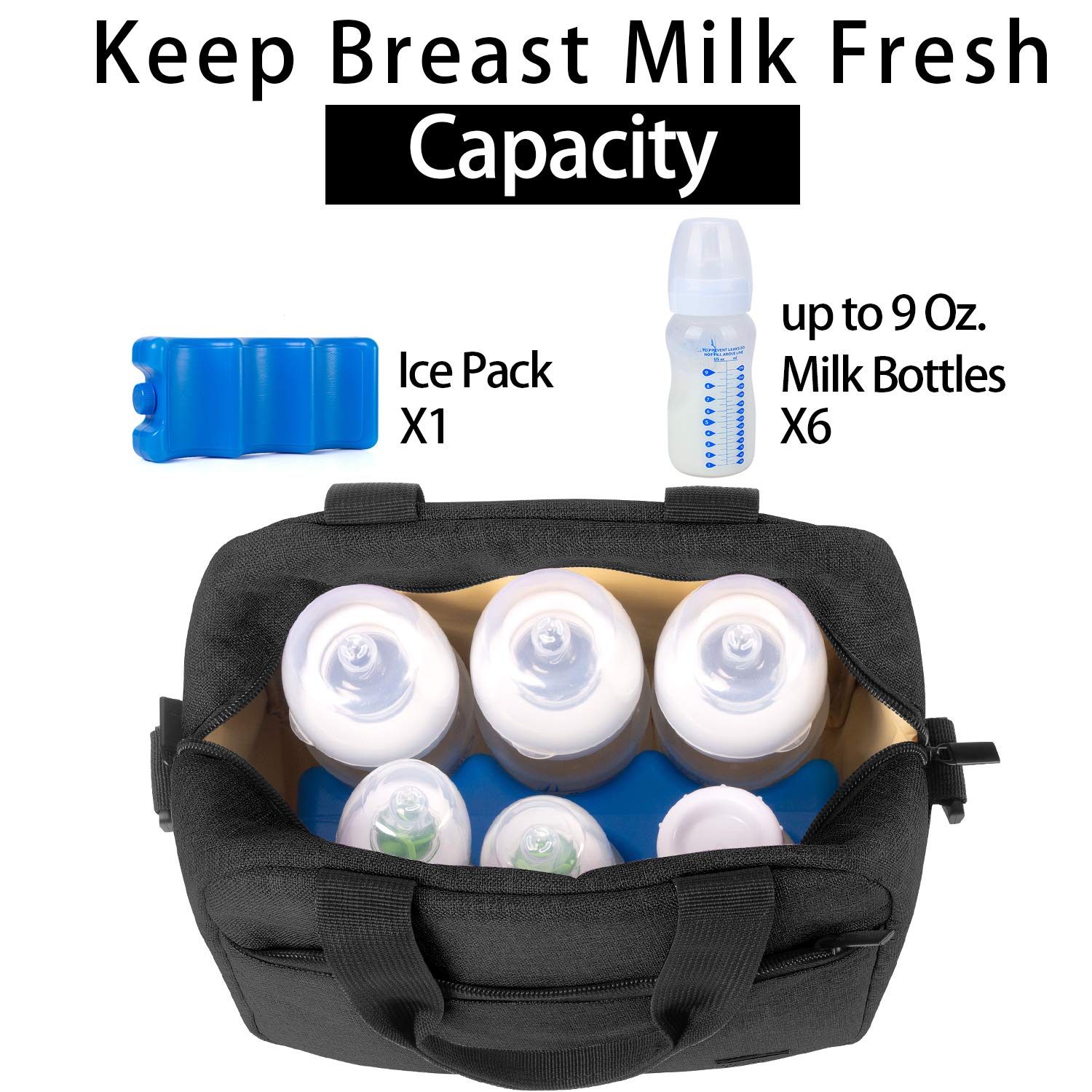 Teamoy Breastmilk Cooler Bag with Ice Pack, Travel Baby Bottle Carrier Tote Bag Fits Up to 6 Large 9 Ounce Bottles, Black
