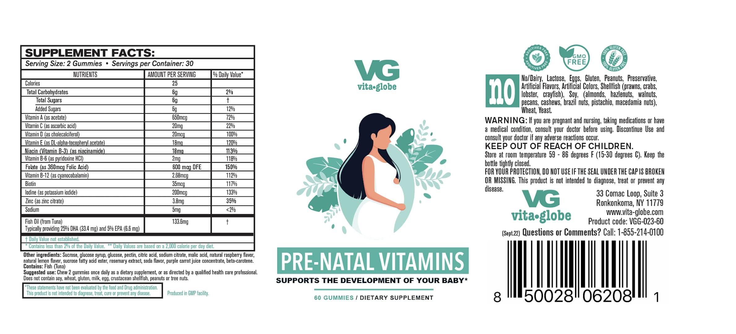 VitaGlobe Prenatal Vitamin Gummy - Womens Multivitamin for Healthy Growth and Brain Development with Vitamin A, D E, B6, Folate and Biotin, 60 Count