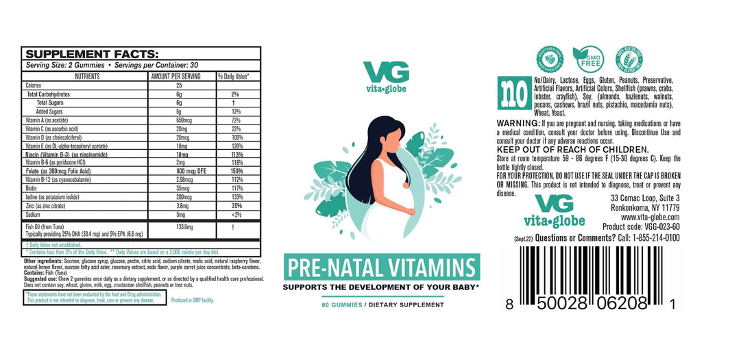 VitaGlobe Prenatal Vitamin Gummy - Womens Multivitamin for Healthy Growth and Brain Development with Vitamin A, D E, B6, Folate and Biotin, 60 Count