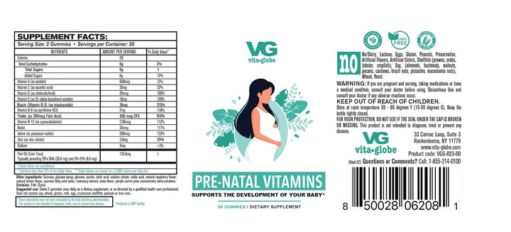 VitaGlobe Prenatal Vitamin Gummy - Womens Multivitamin for Healthy Growth and Brain Development with Vitamin A, D E, B6, Folate and Biotin, 60 Count