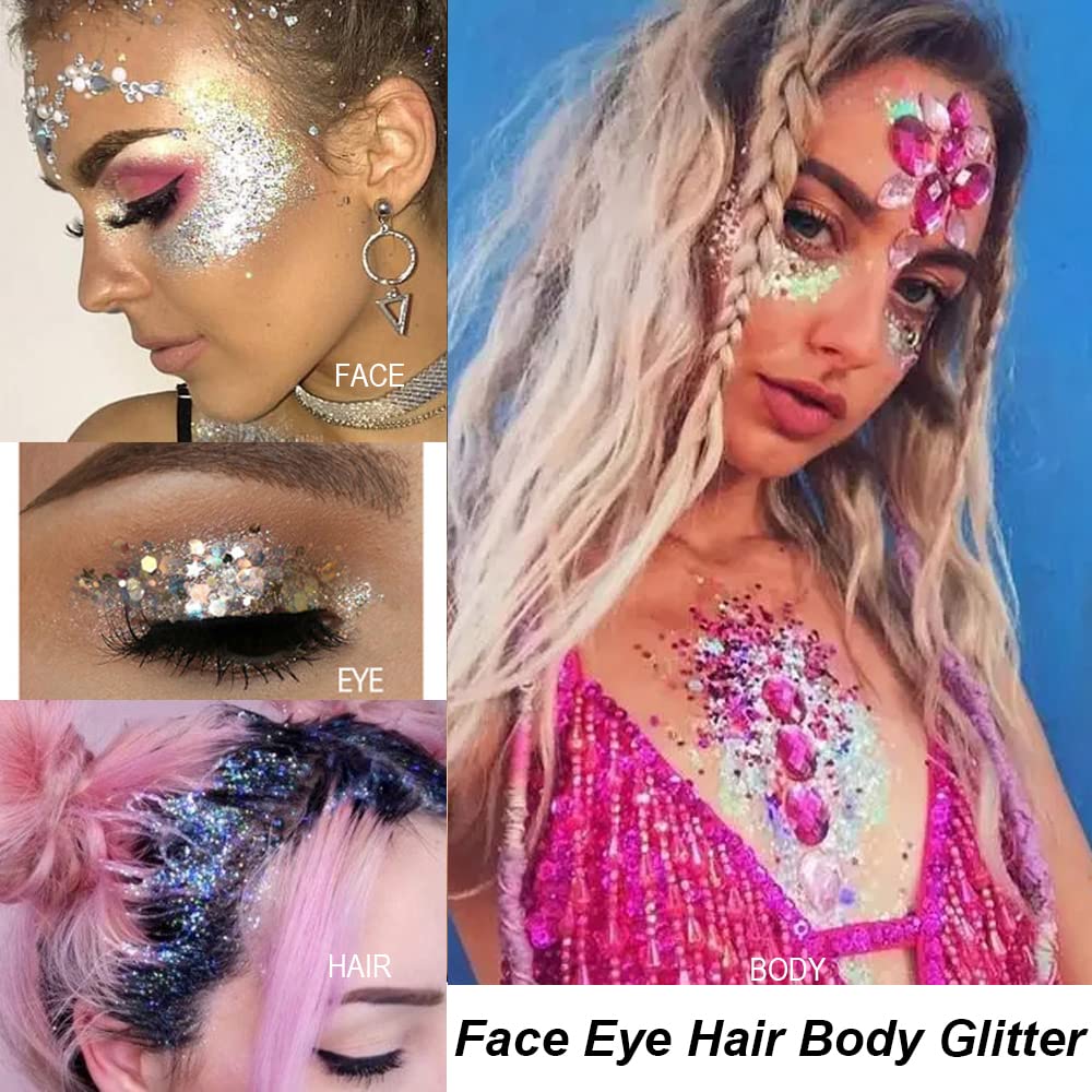Mysense Rose Gold Body Glitter Gel, Singer Concerts Face Glitter Makeup, Music Festival Rave Face Eye Hair Accessories, Chunky Glitter Mermaid Sequins, Sparkling Glitter Face Paint for Women, 30g