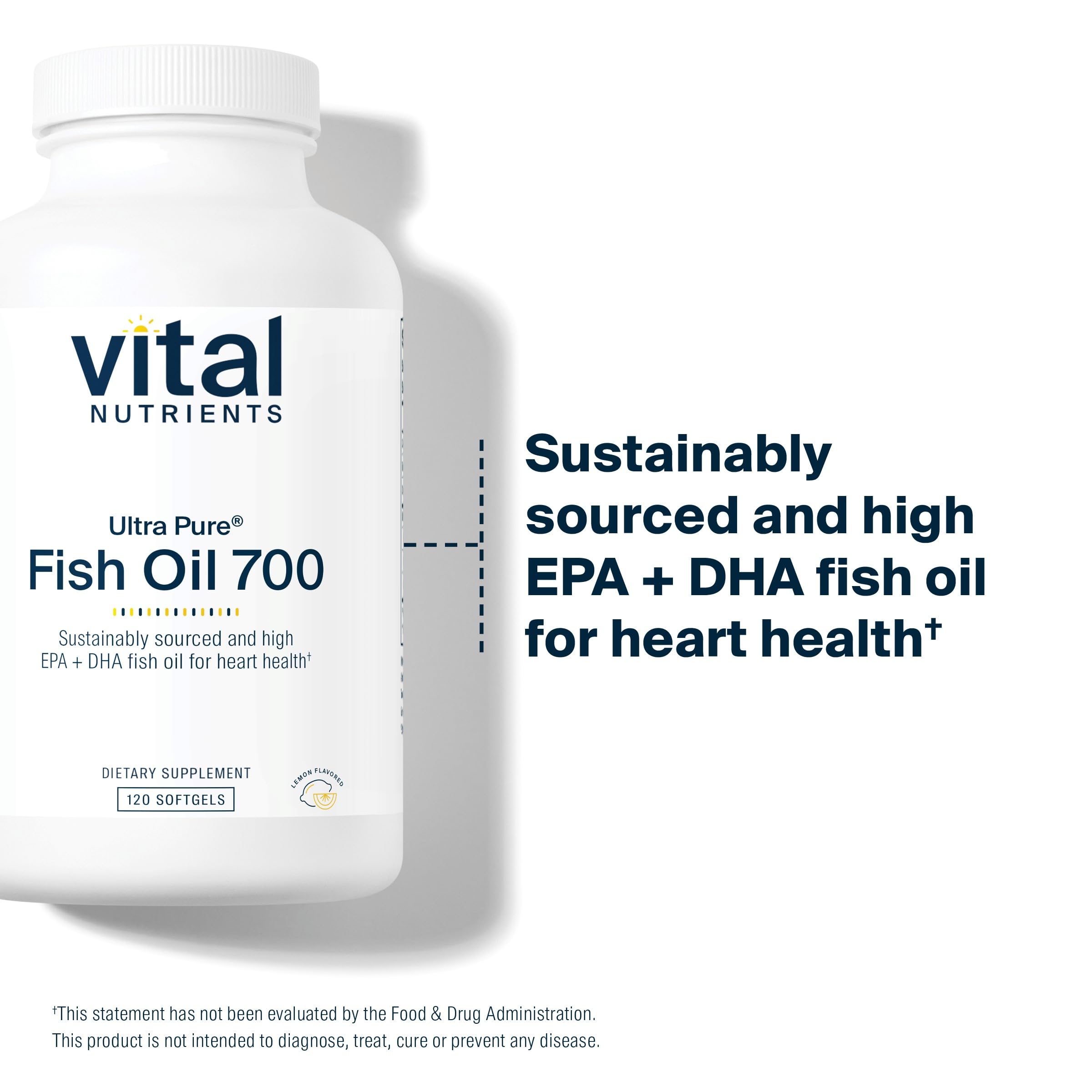Vital Nutrients Ultra Pure® Fish Oil 700 | Supports Heart, Brain, and Joint Health* | Sustainably Sourced High EPA & DHA Omega-3 Fatty Acid | Lemon Flavor | Gluten, Dairy & Soy Free | 120 Softgels