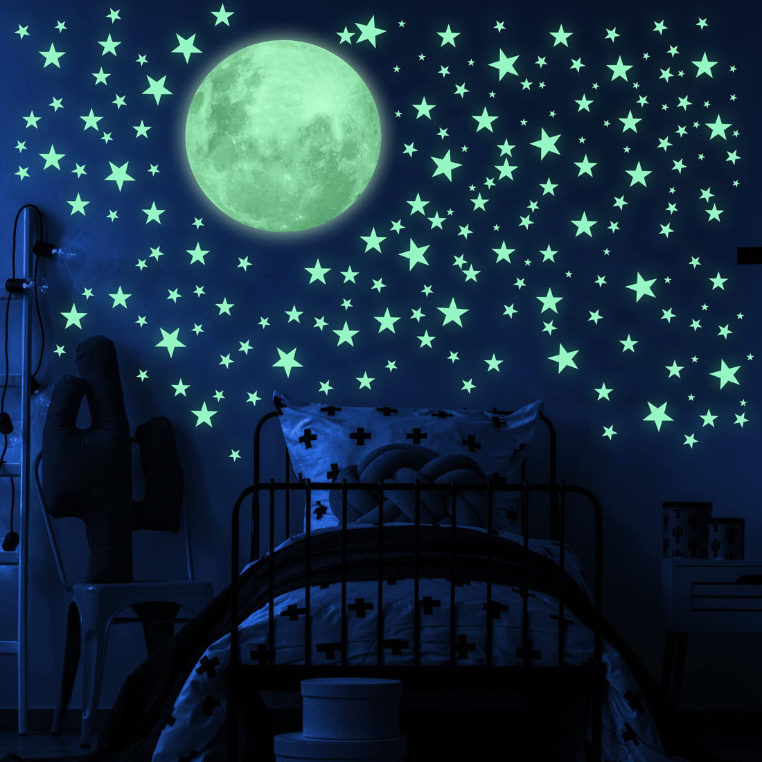 LIDERSTAR Vinyl Glow in The Dark Stars and Free Removable Full Moon, 220 Adhesive Glowing Star Beautiful Wall Stickers Decals for Bedroom Ceiling, Bonus Affirmation Card for Kids