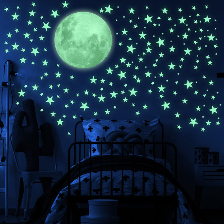 LIDERSTAR Vinyl Glow in The Dark Stars and Free Removable Full Moon, 220 Adhesive Glowing Star Beautiful Wall Stickers Decals for Bedroom Ceiling, Bonus Affirmation Card for Kids