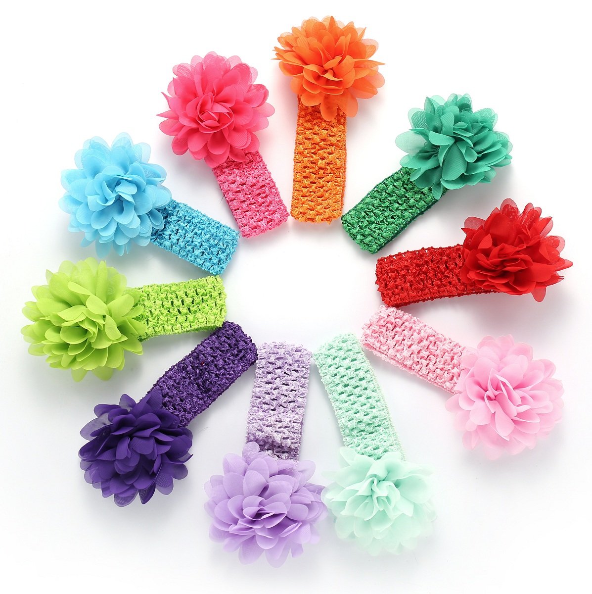 Liasun 10Pcs/pack Baby Girls Headbands – Soft Elastic Hair Bands 10 Lovely Colour Chiffon Flowers Hair-bow Hair Accessories for Baby Girls Toddlers and Kids(Chiffon Headbands)