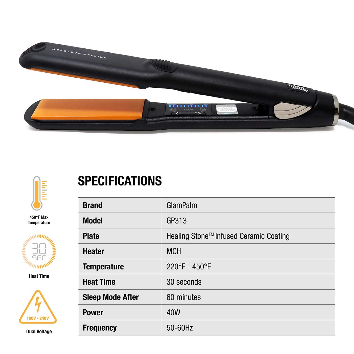GlamPalm Classic Ceramic Hair Styling Flat Iron, 1 1/4 Inch
