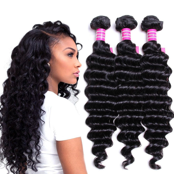 VRVOGUE (12 12 12) Hair Bundles Deep Wave Brazilian Weave Hair Unprocessed Virgin Brazilian Human Hair Weave Bundles Extensions Natural Color Total (10.6 OZ)