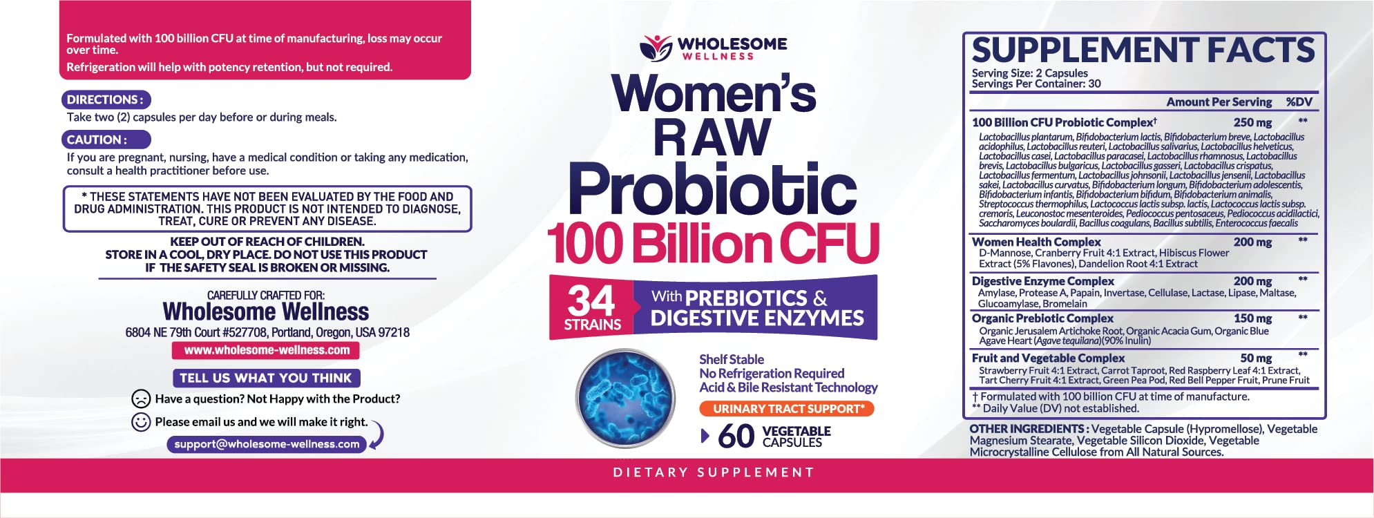 Wholesome Wellness Dr. Formulated Raw Probiotics for Women 100 Billion CFUs Capsules with Prebiotics, Digestive Enzymes, Approved for Adults, Shelf Stable Supplement