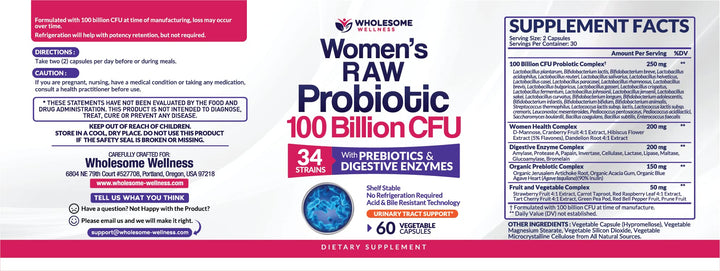 Wholesome Wellness Dr. Formulated Raw Probiotics for Women 100 Billion CFUs Capsules with Prebiotics, Digestive Enzymes, Approved for Adults, Shelf Stable Supplement