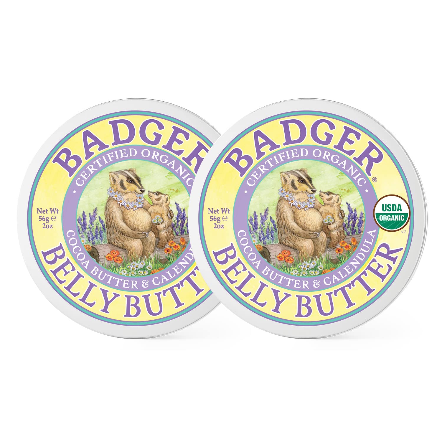 Badger Belly Butter, Organic Stretch Mark Cream for Pregnant Belly, Rich Hypoallergenic Moisturizing Organic Cocoa Butter & Coconut Body Butter for Women, 2 oz Tin, 2-Pack