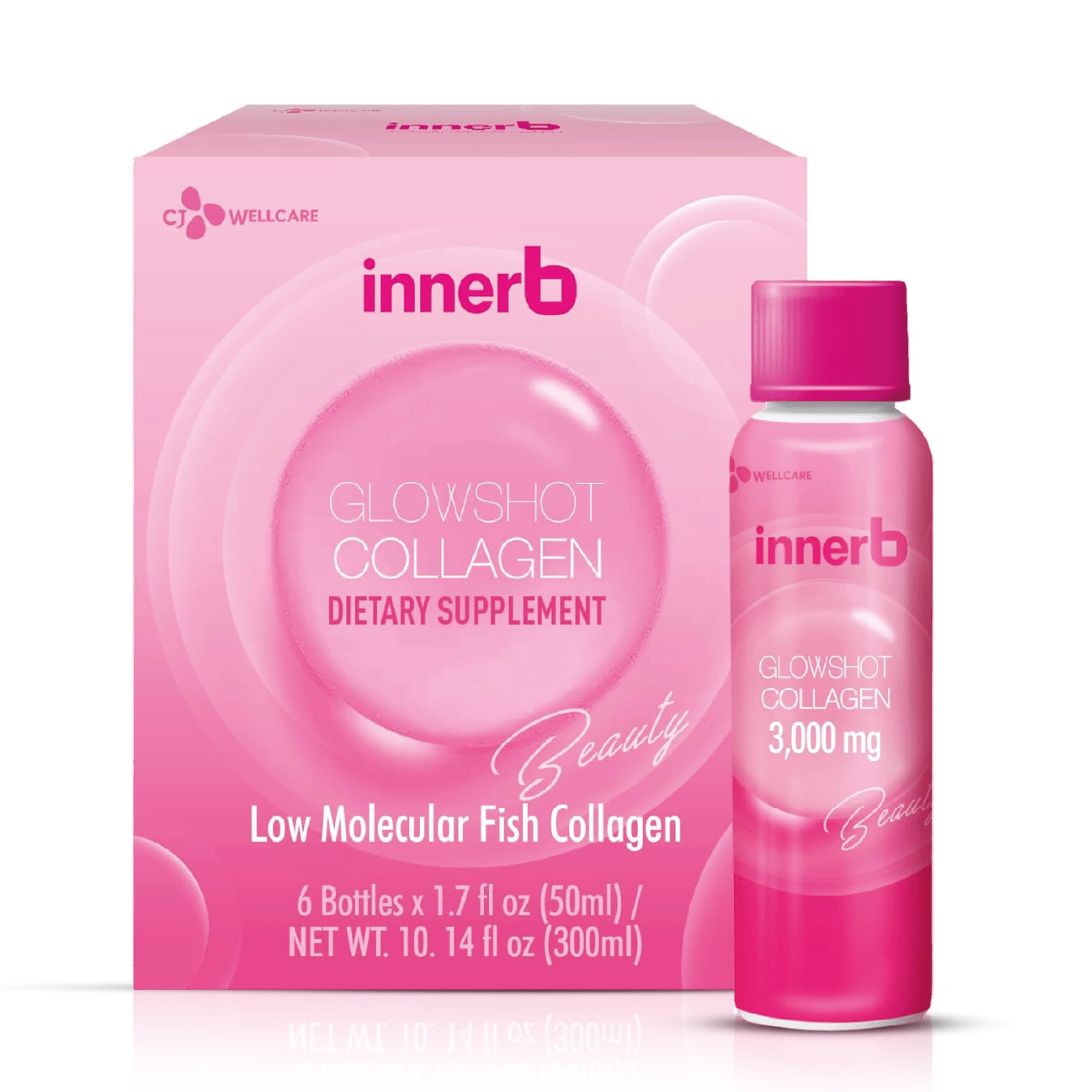 CJWellcare Innerb Glowshot Collagen (10.1 fl oz, 6 Servings) - Collagen Peptides, Low-Molecular Fish Collagen Shots, Hair, Skin & Nail Supplement, Liquid Marine Collagen 3,000mg